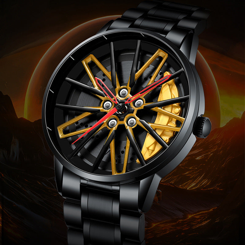 Men’s Quartz Watch — 3D Wheel-Hub Dial, Stainless Steel, 30m WR