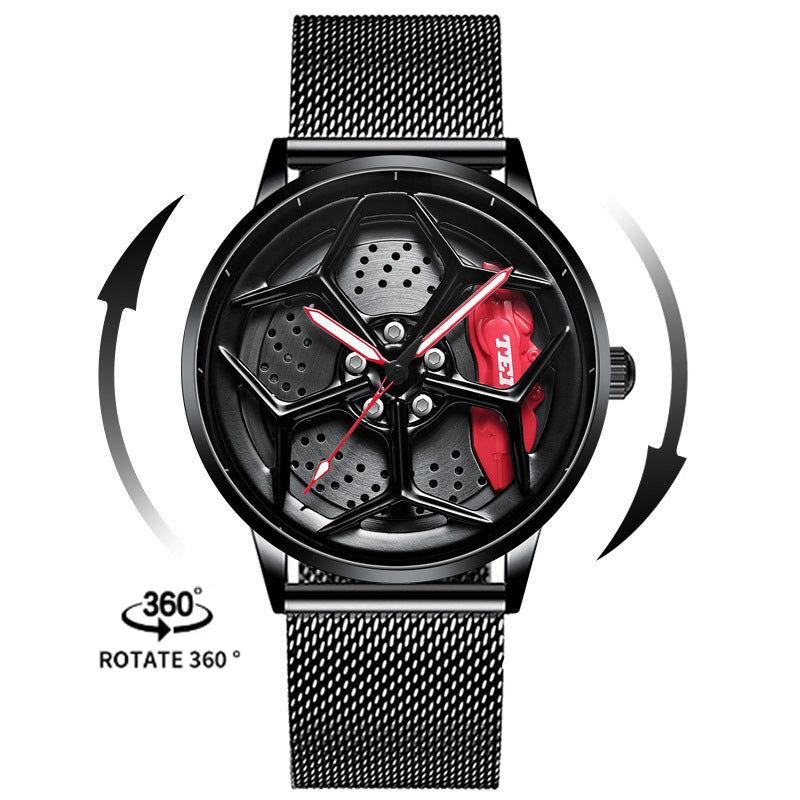 Men’s Quartz Watch — 3D Wheel-Hub Dial, Stainless Steel, 30m WR