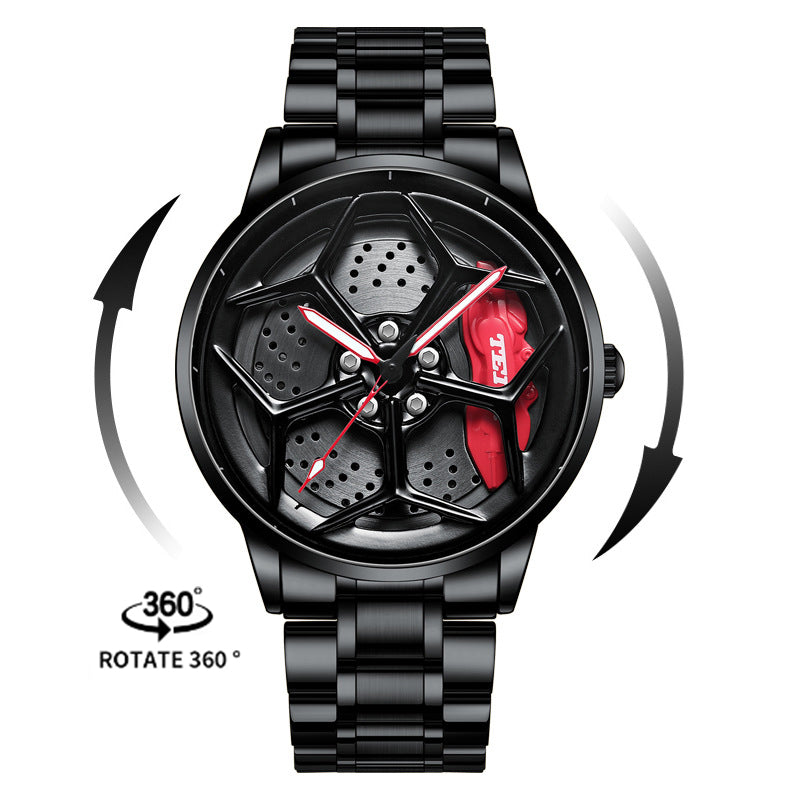 Men’s Quartz Watch — 3D Wheel-Hub Dial, Stainless Steel, 30m WR