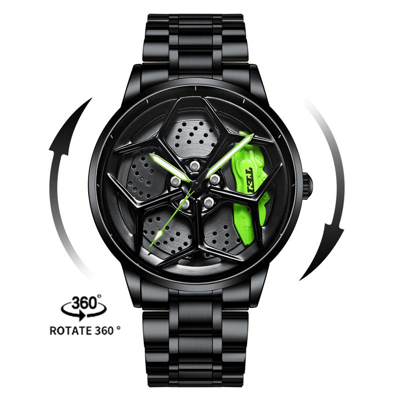 Men’s Quartz Watch — 3D Wheel-Hub Dial, Stainless Steel, 30m WR