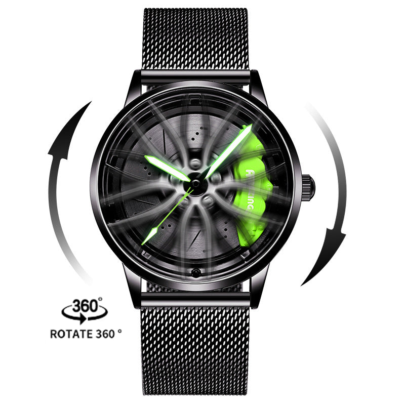 Men’s Quartz Watch — 3D Wheel-Hub Dial, Stainless Steel, 30m WR