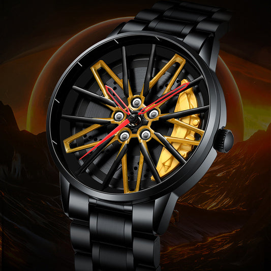 Men’s Quartz Watch — 3D Wheel-Hub Dial, Stainless Steel, 30m WR