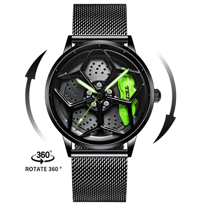 Men’s Quartz Watch — 3D Wheel-Hub Dial, Stainless Steel, 30m WR